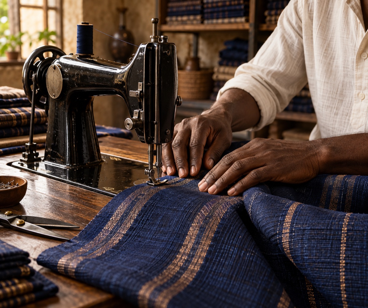 Editorial illustration of a tailor carefully sewing indigo woven fabric in an atelier