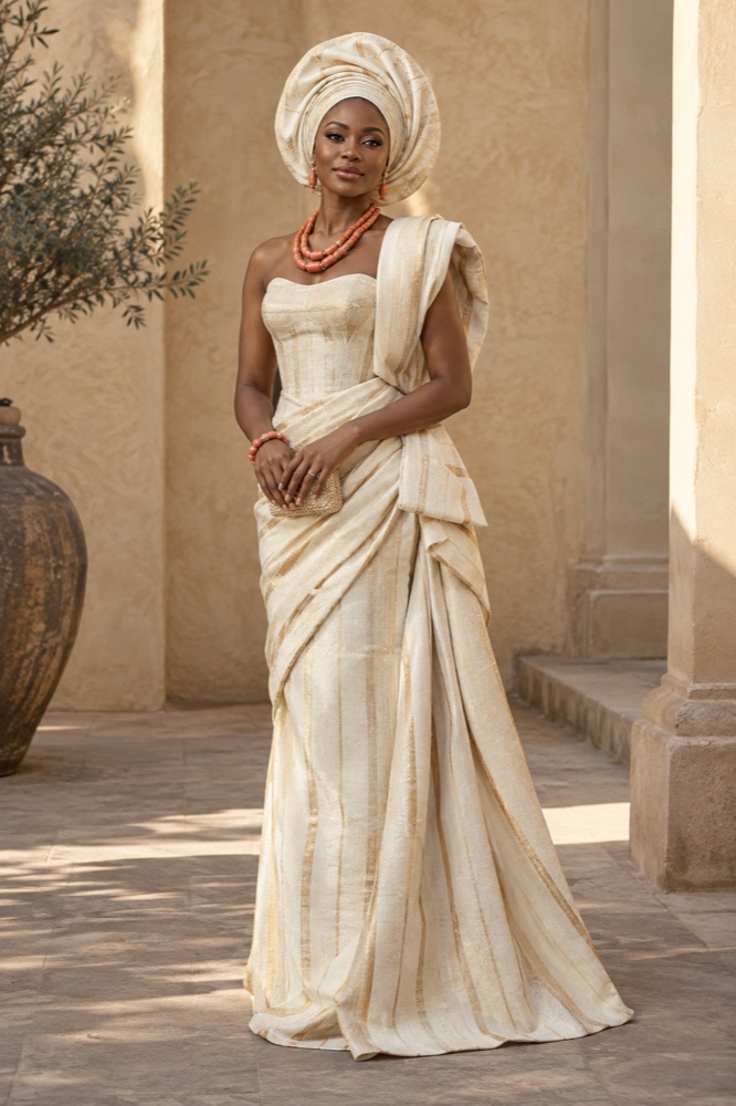 Ivory and gold traditional bridal gown with sculptural gele