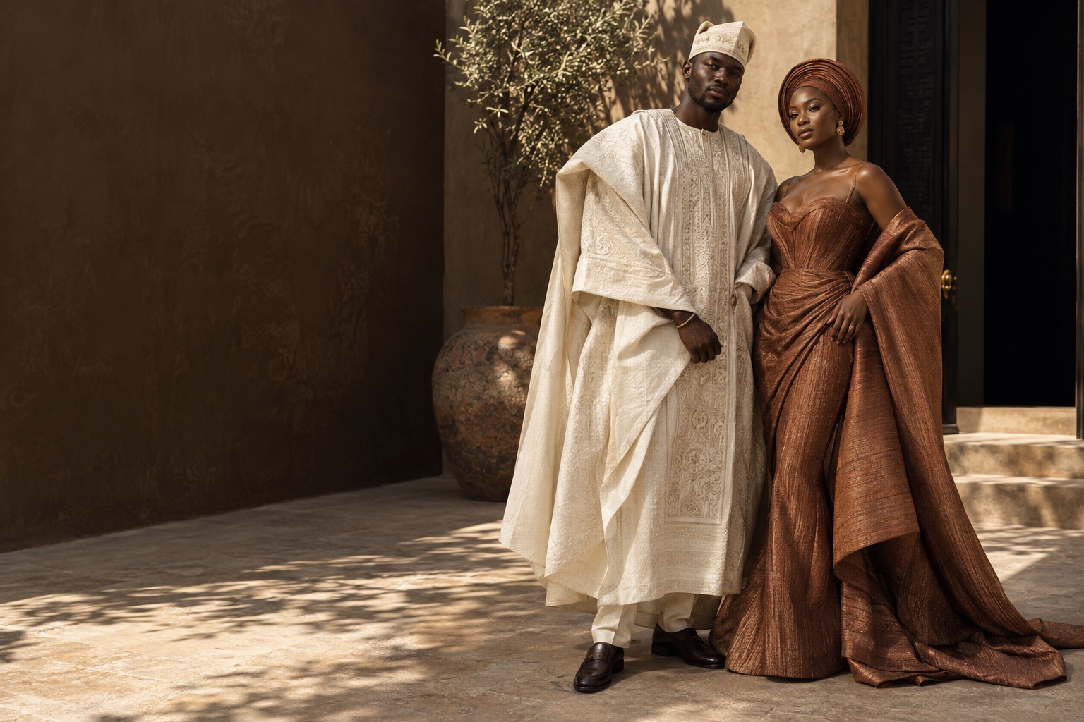 African fashion editorial: ivory embroidered agbada and a bronze gown in a sunlit courtyard