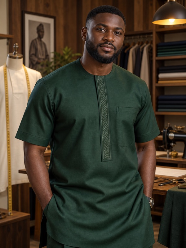 Forest green tailored tunic with a detailed embroidered placket