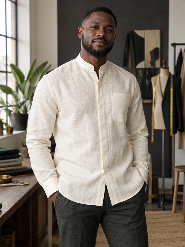 Cream linen shirt with a clean stand collar and tailored finish