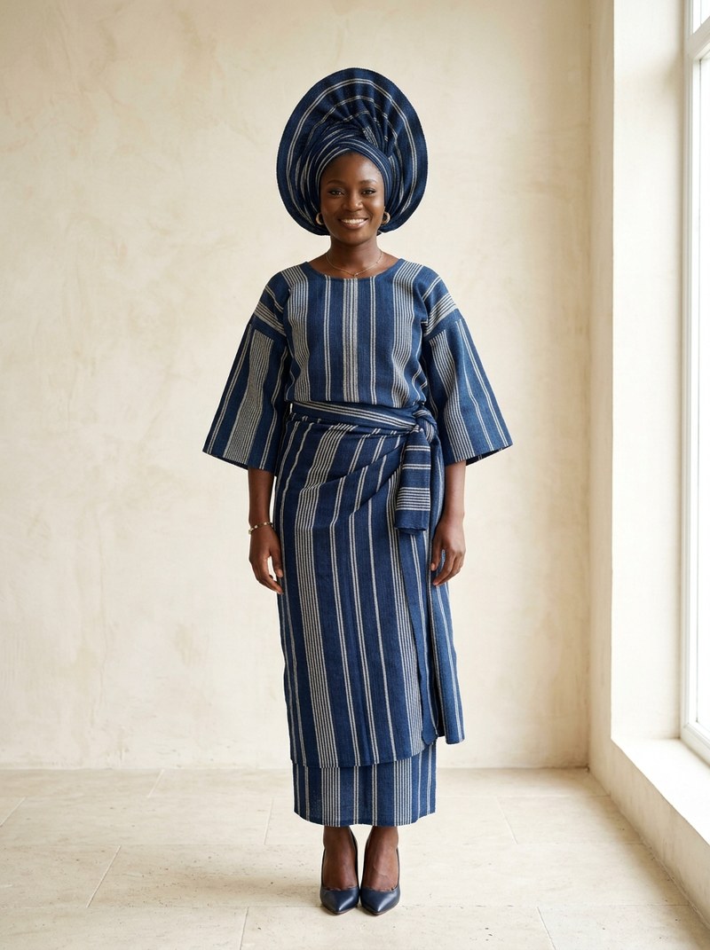 Indigo striped iro and buba with a matching gele