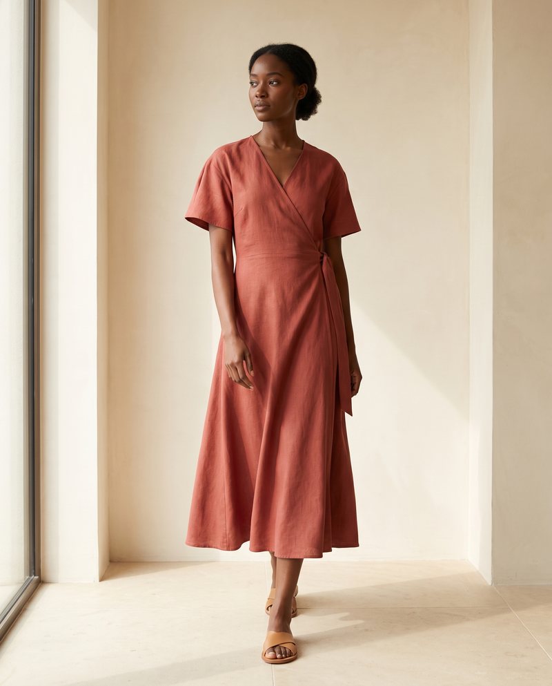 Clay gown with sculptural sleeves and a flowing skirt