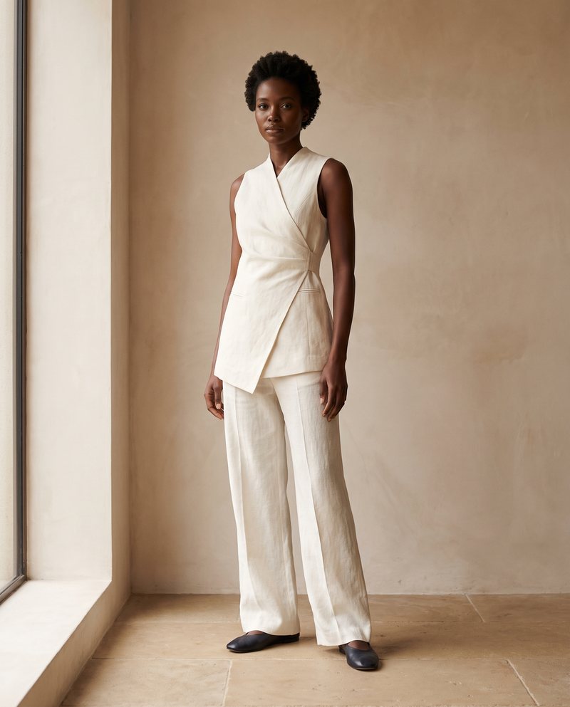 Modern ivory waistcoat and wide-leg trousers